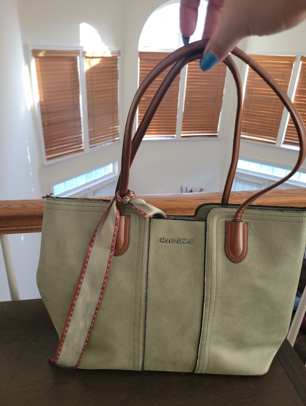 Montana West Tote Bag Sage Green Vegan Leather Shoulder Purse Top Handle Scarf